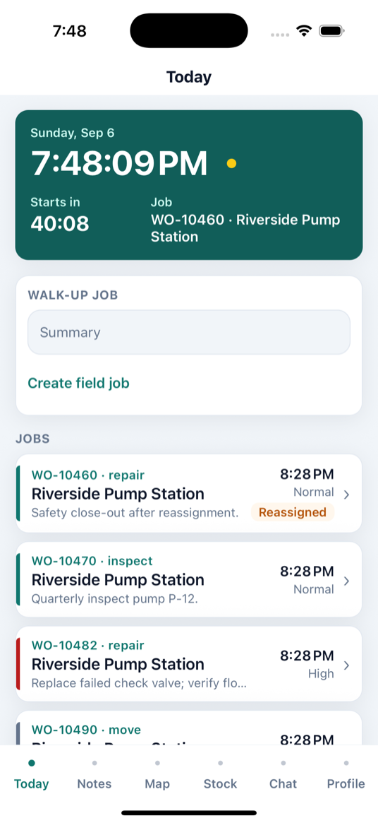 Today: clock, sync HUD, jobs